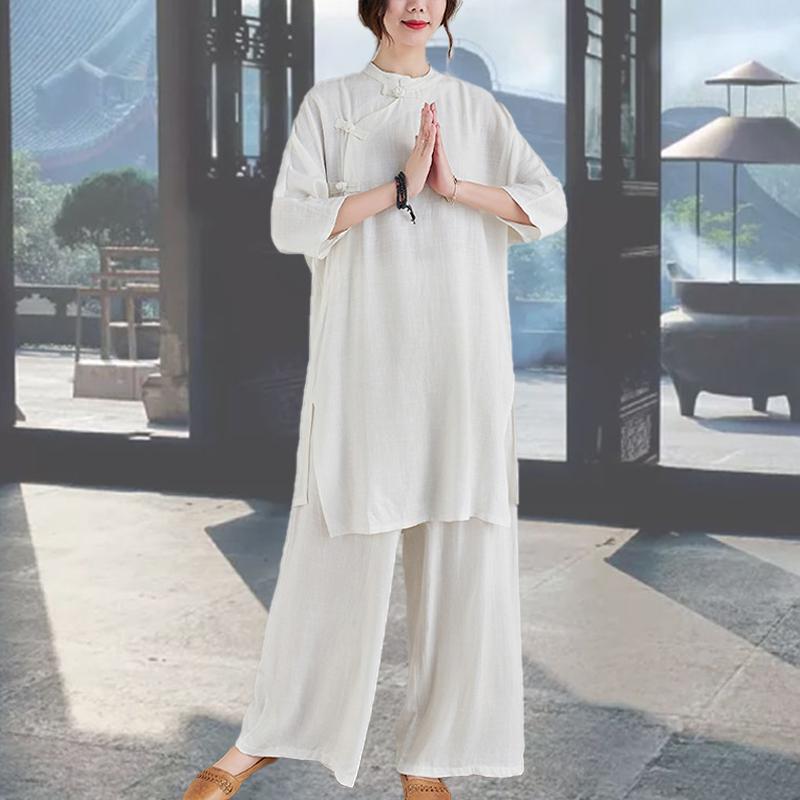 レディース チャイナ風 リネン トップス ワイドレッグパンツ 楽ちん ゆったり 寺院 在家服 夏 中国 綿 リネン スーツ 仏教 禅 大きいサイズ 禅 瞑想服
