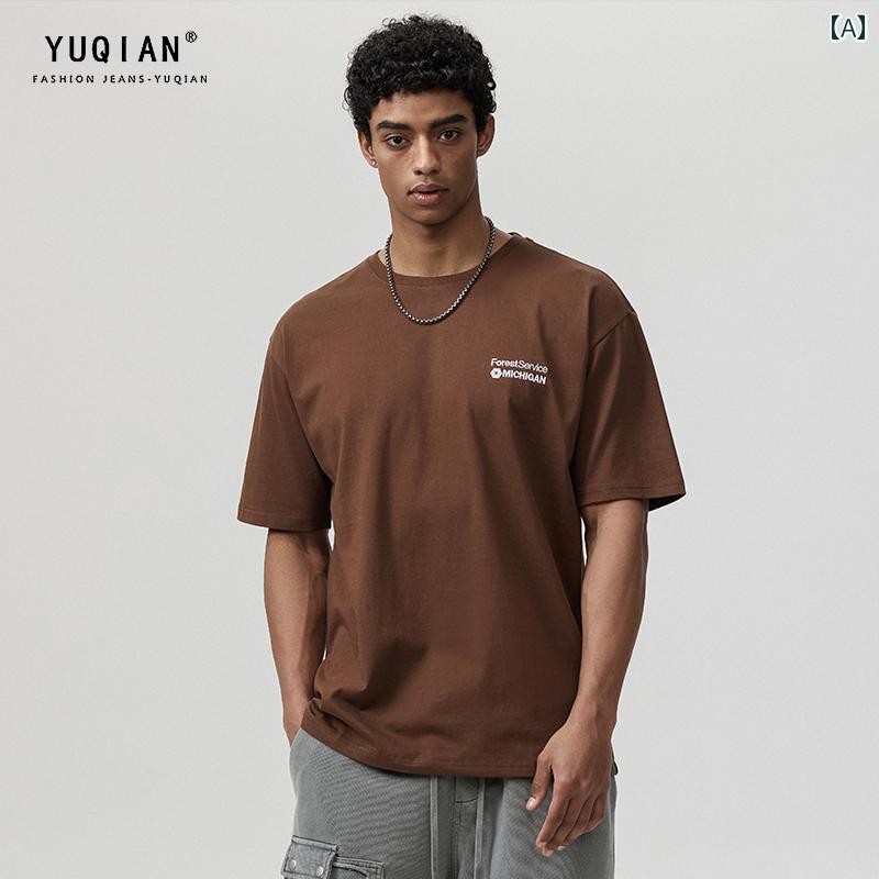 Tシャツ メンズ トップス 紳士服 シャツ アメリカン レトロ 刺繍文字 半袖 夏 コットン オフショルダー