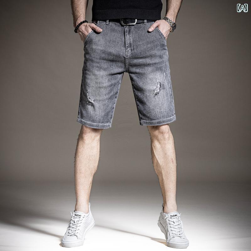 ハーフパンツ ハイエンド 黒 グレー デニムショートパンツ 男性用 破れた ストレート 夏用 薄手 五分丈 カジュアル ミッド パンツ｜ラ・グラーヌ