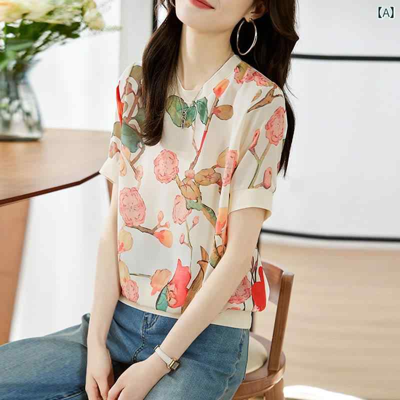 女性用 半袖 Tシャツ フルプリント 夏 ファッション 母 ハイエンド シック 小さい トップス ゆったりタイプ ラウンドネック 花柄 レディース