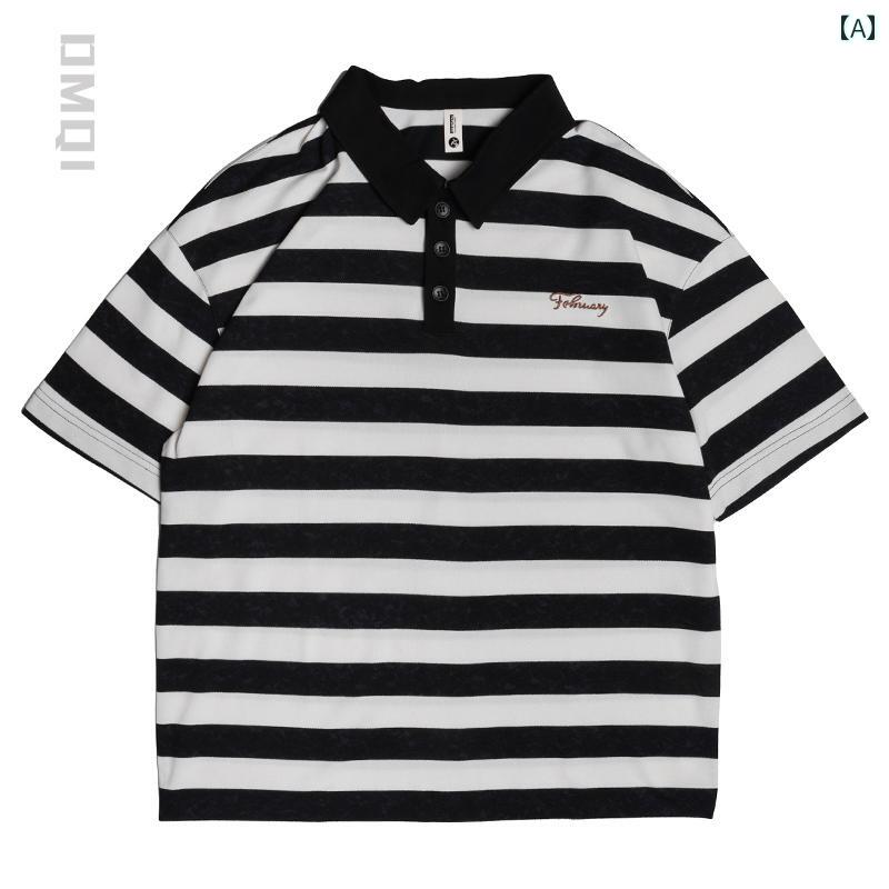 ポロシャツ メンズ 夏 黒白ストライプ ボーダー 半袖 Tシャツ 男性用 大きいサイズ ゆったり 半袖 Tシャツ アメリカンカジュアル 高汎用性