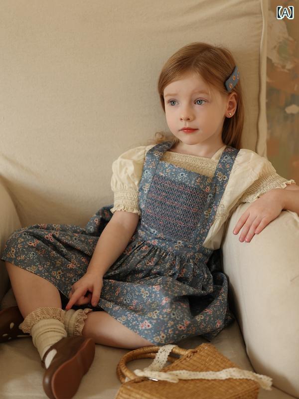 ワンピース 夏 かわいい キッズ 子供服 ベビー服 赤ちゃん用 ドレス レトロ クラシック おしゃれ ナチュラル カントリー風 春 サスペンダー 花柄