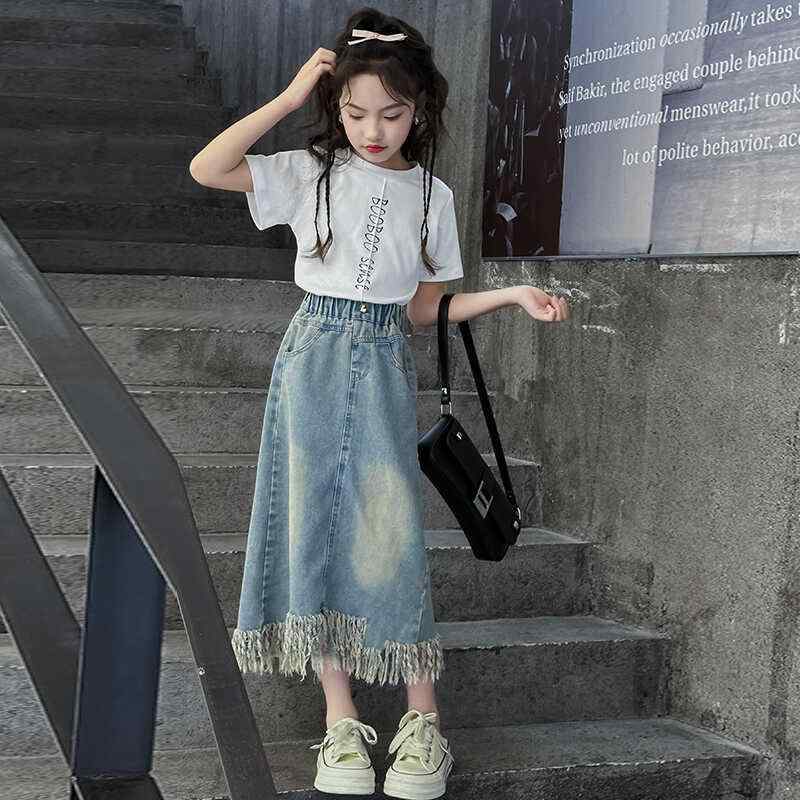 ガールズ キッズ ファッション 夏コーデ 韓国 スタイル デニムスカート 個性的 デザイン Ｔシャツ 半袖 セットアップ おしゃれ カジュアル