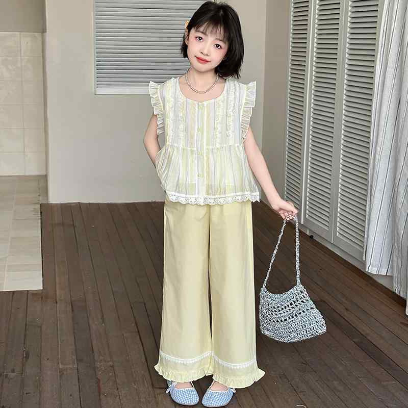 ガールズ ファッション キッズ サマーコーデ 薄手 ノースリーブ シャツ トップス フリル パンツ ボトムス セットアップ キュート 涼感 快適 着心地 カジュアル デイリー