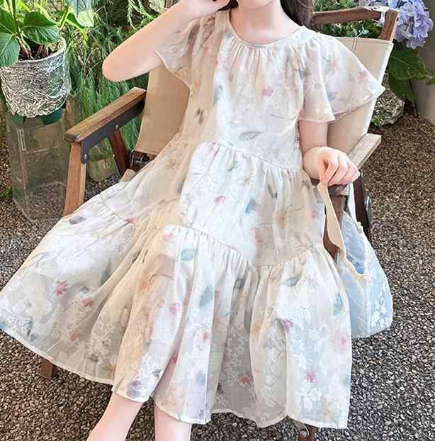 ワンピース 女の子 ドレス 夏 半袖 フリル 薄手 オフホワイト フローラル 花柄 プリント 薄青 薄ピンク 大きいサイズ 子供服 ガールズ プリンセス シフォン エレガント キュート リラクシング リゾート