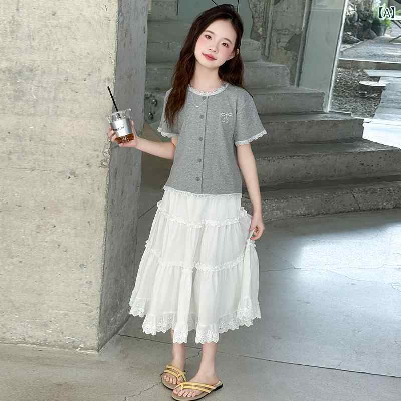 女の子 夏 セット スカート 子供 韓国 服 キッズ サマー 軽量素材 デイリーファッション 半袖 ツーピース