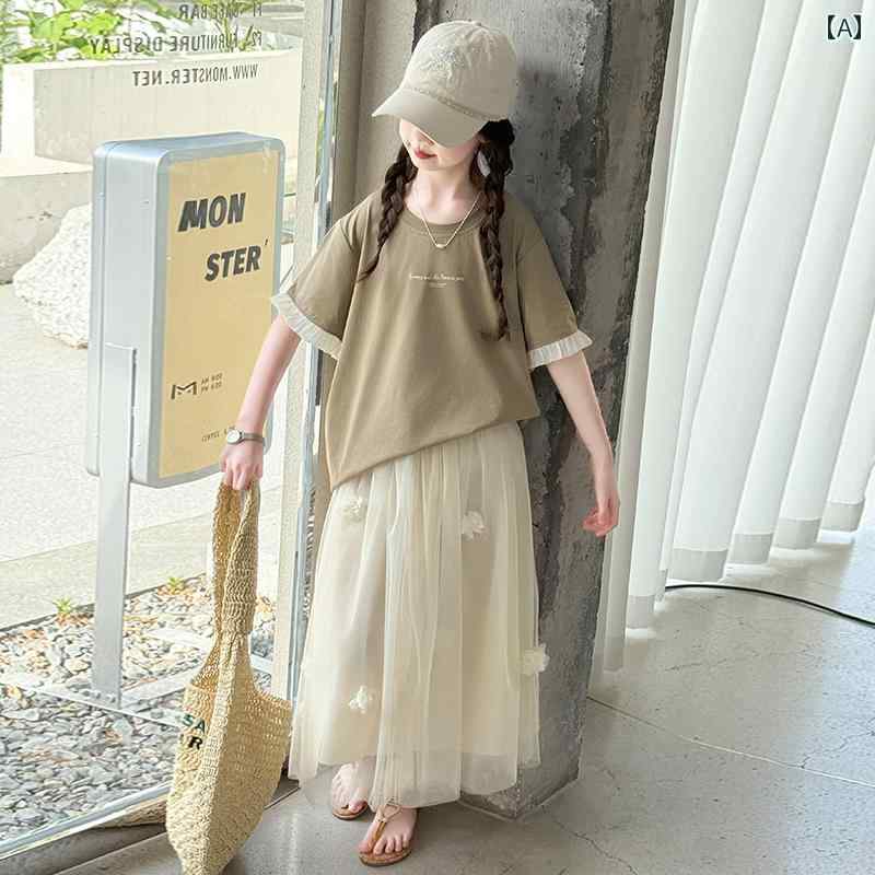 女の子 セット スカート サマー ドレス 子供用 スタイリッシュ レース カジュアル 半袖 ビッグガール ガール ガーゼ ツーピース