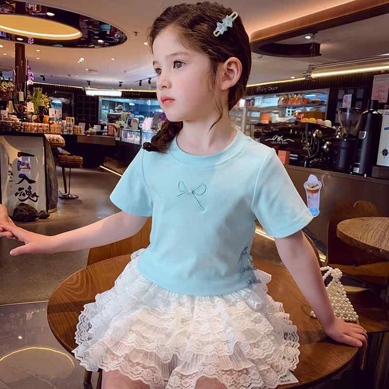 キッズ 女の子 半袖 リボン付き Tシャツ ホワイト レース ティアード スカート セット ガーリー おしゃれ