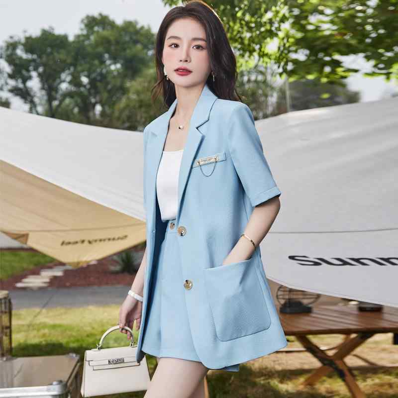 レディース 半袖 スーツ ジャケット ショーツ 2点 セット ファッション 高級感 夏 薄部 韓国 小柄 ストリート 通勤 スーツ襟 ショート パンツ おしゃれ かわいい