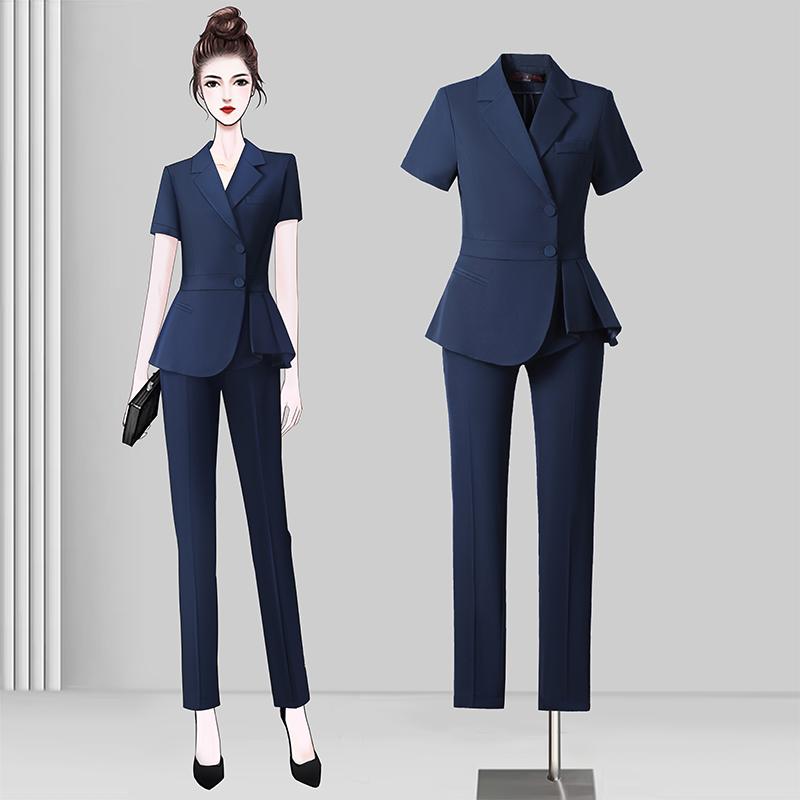 レディース スーツ ジャケット パンツ スカート セット 半袖 夏 薄手 美容院 作業着 接客業 営業 受付 大きいサイズ 洗練 おしゃれ スタイリッシュ シンプル スリムフィット