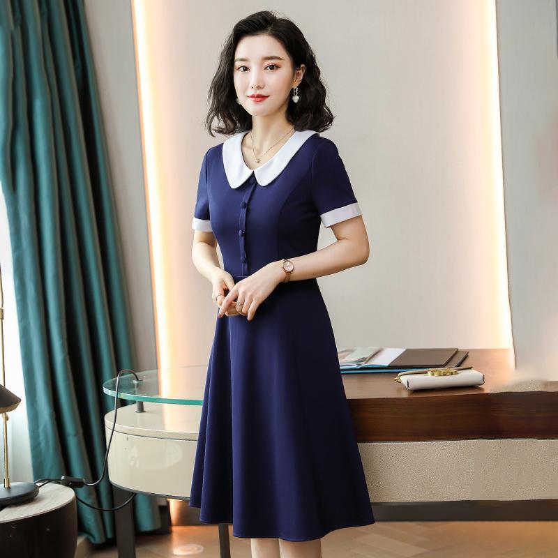 レディース ワンピース スタイリッシュ おしゃれ シンプル 英国風 人形の襟 ドレス 夏 制服 Aライン スカート 大きいサイズ 半袖 プルオーバー かわいい 女性|ラ・グラーヌ