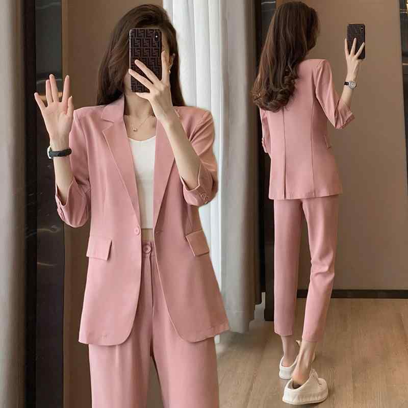 レディース ピンク スーツ ジャケット ファッション 服装 夏 薄手 七分袖 アプリコット スーツ襟 トップス パンツ シンプル モダン おしゃれ スタイリッシュ 結婚式 二次会 パーティー 参観日 卒業式 入園式 入学式 卒園式 クール