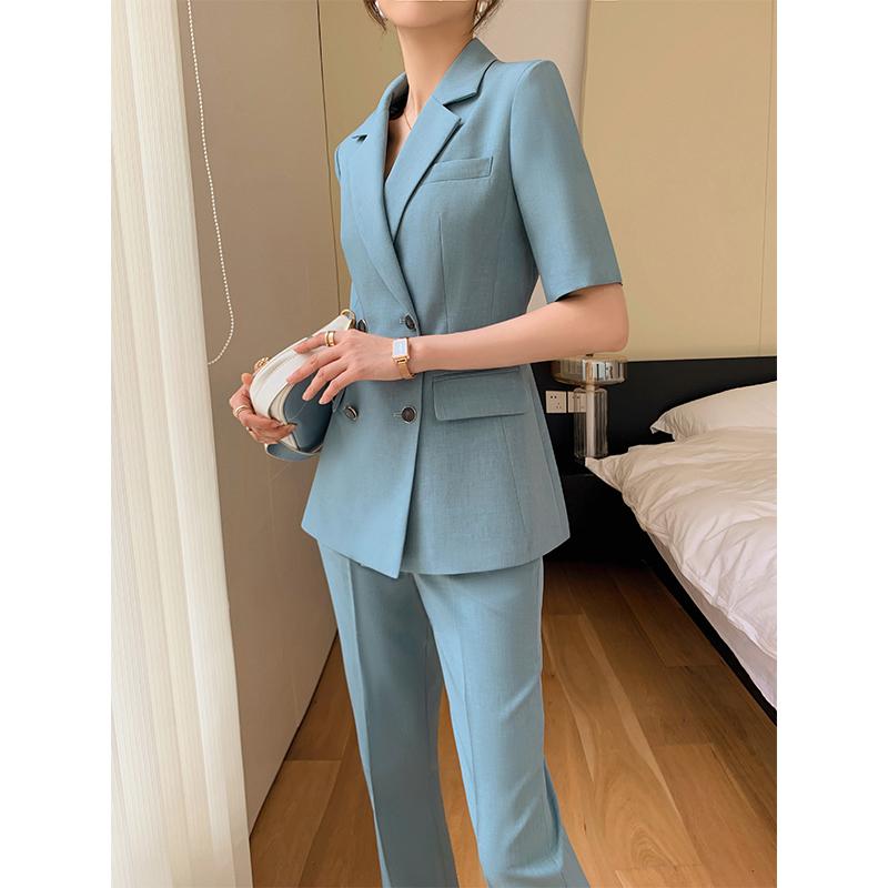 サマー スーツ レディース ビジネス ユニフォーム フォーマル 高級感 ブレザー 夏 薄手 ファッション 制服 ユニフォーム 半袖 スーツ ダブルブレスト かっこいい女性