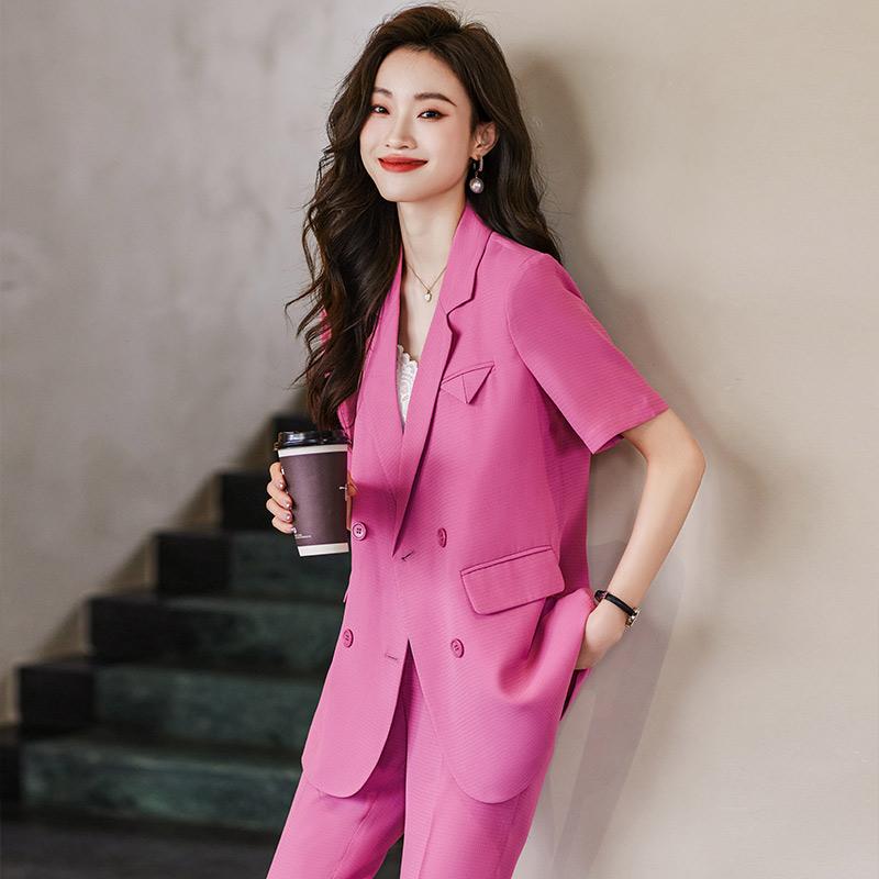 レディース スーツ 夏 薄手 ビジネス フォーマル ピンク ブレザー サマー ハイエンド 半袖 ワーキング 服装 お姫様 スーツ｜ラ・グラーヌ