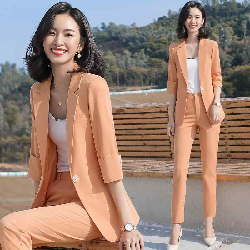 レディース スーツ オフィス 女性 ハイエンド スリムフィット 夏 七分袖 薄手 作業服 OLスタイル レディース ツーピース 2点セット カジュアル