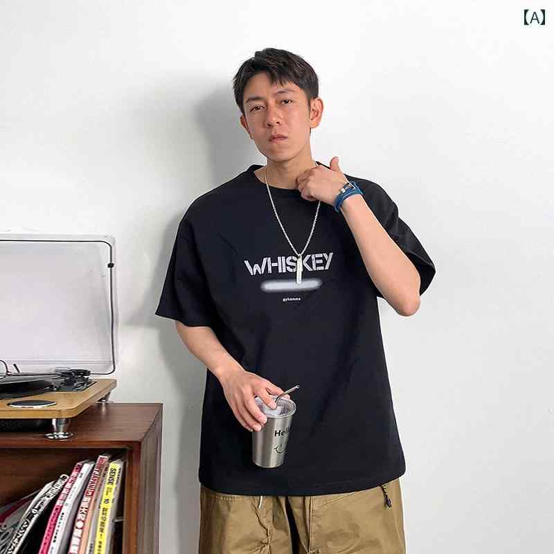 半袖 Tシャツ ヒップホップ レター プリント 男性用 春夏 半袖 インナー コットン 綿 テキスト ラウンドネック アメリカン カジュアル 都会的