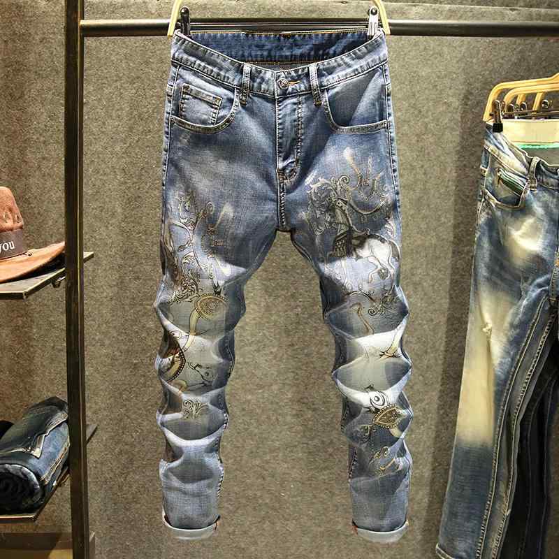 メンズ コットン ストレッチ デニム おしゃれ Gパン カジュアル 春秋 ジーンズ スリムフィット パンツ 韓国 ストレッチ パンツ なプリント｜ラ・グラーヌ