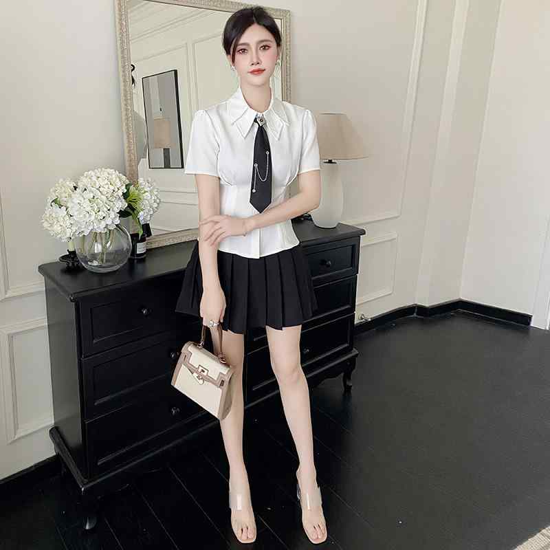 ハイエンド スーツ フットマッサージ エステシャン マッサージ師 按摩師 テクニシャン 制服 夏 フロント プリーツスカート スーツ 黒