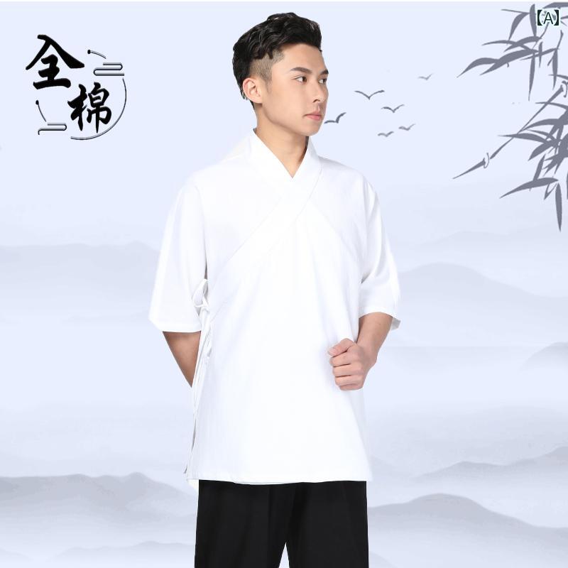 僧侶服 綿 斜め胸 漢服 トップス 僧侶 レイヤリングシャツ 半袖 Tシャツ 長袖 パンツ Vネック コットン レジャー メンズ 男性用 ウエストゴム