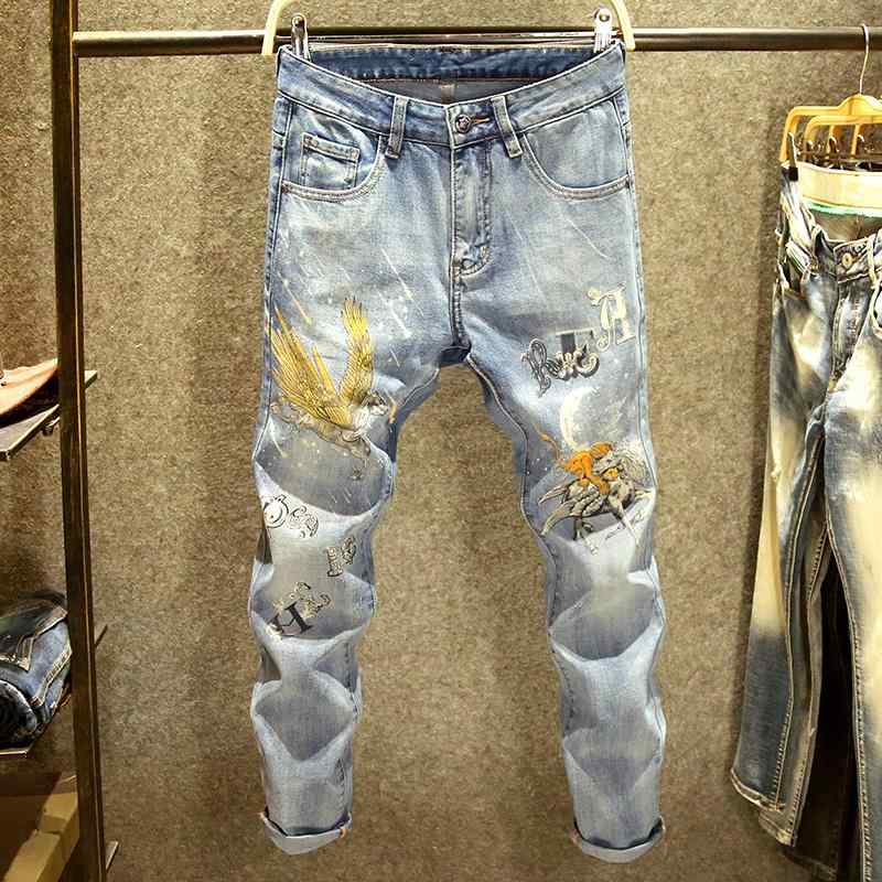 メンズ デニム おしゃれ Gパン カジュアル 男性用 ハイエンド プリント ジーンズ スリムフィット 軽い 快適 パンツ パターン ストリート パンツ
