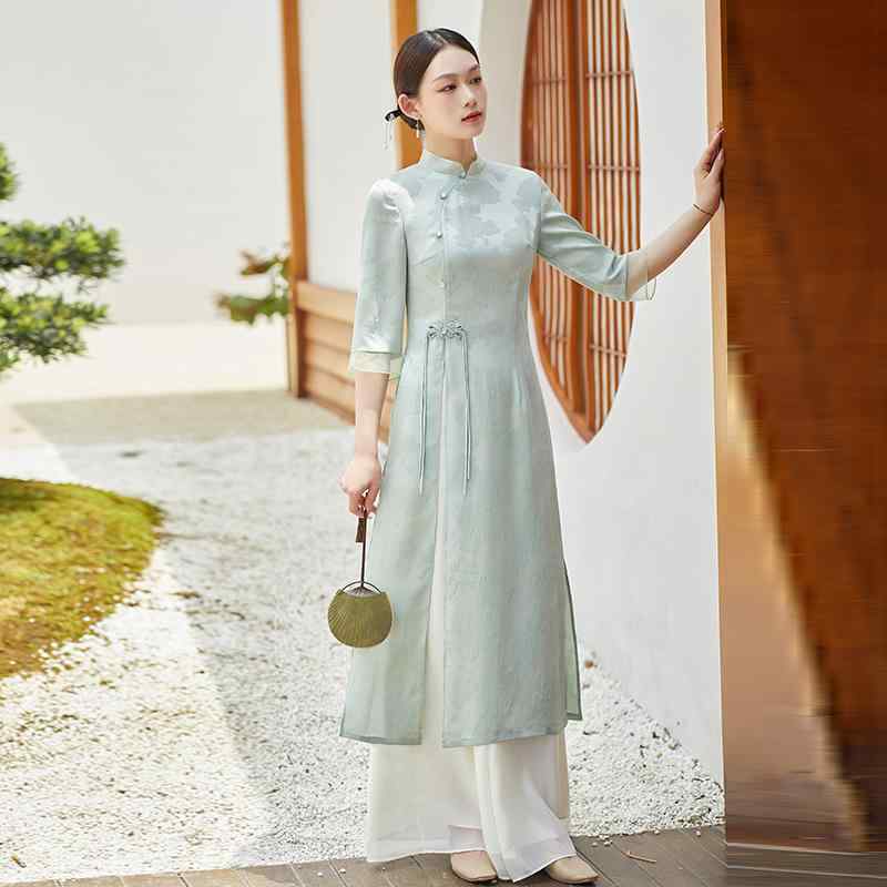 チャイナドレス アオザイ ジャケット スーツ ロング チャイナ ドレス 漢服 レトロ トップス 中国風 総柄 春夏 女性 清楚 涼しい かわいい 婦人服 レディース