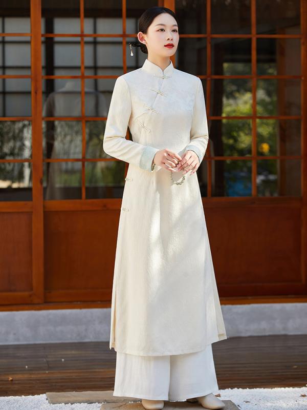 チャイナドレス トップス ロング チャイナ ドレス 漢服 レトロ ジャケット トップス ホワイト 中国風 春秋 女性 清楚 かわいい 婦人服 レディース