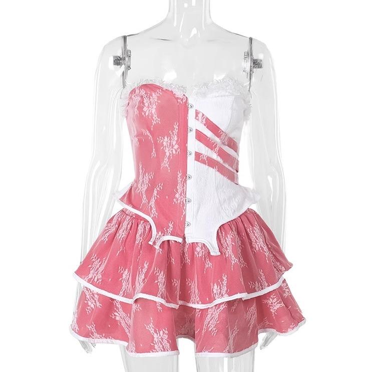 コスプレ イベント 衣装 ハロウィン ナイト コスチューム 白 ピンク ツートンカラー 上下 セット 女性服 コルセット ガードル ミニスカート エロかわ ショーダンサー 4,524円