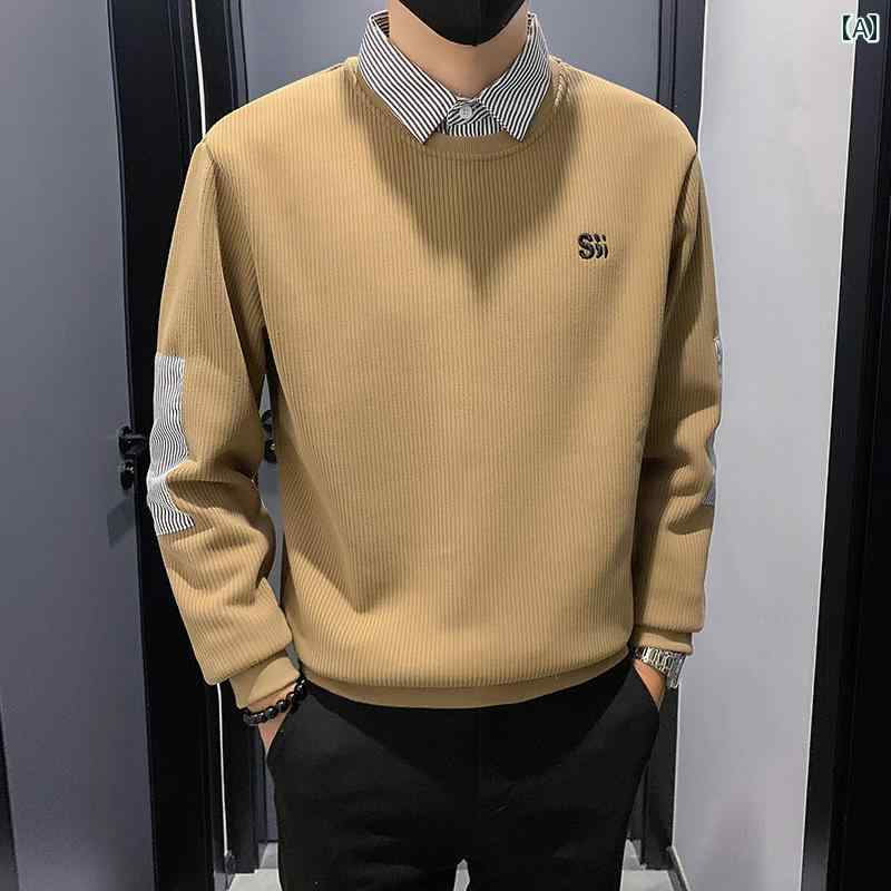 メンズ 紳士服 トップス シンプル カジュアル おしゃれ モダン スタイリッシュ ミニマル 重ね着風 フェイク スウェット シャツ襟 春秋 長袖