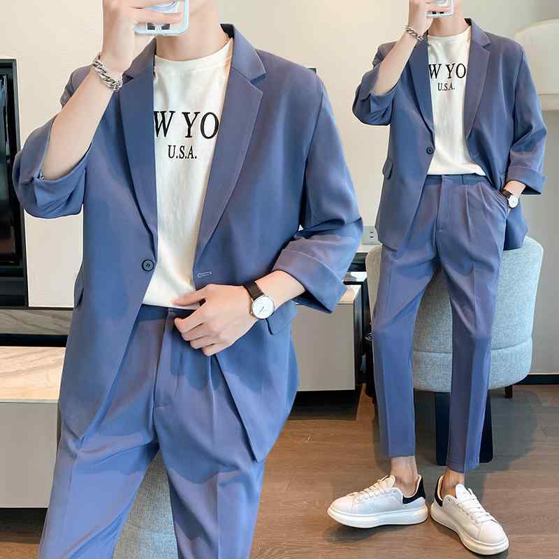 上衣 背広 ズボン下 セットアップ 心地よい 格好のいい 流行り物 メンズ 夏 成人男性 ハイエンド 表どおり 七分袖 窈窕たる ミニマル 格好のいい