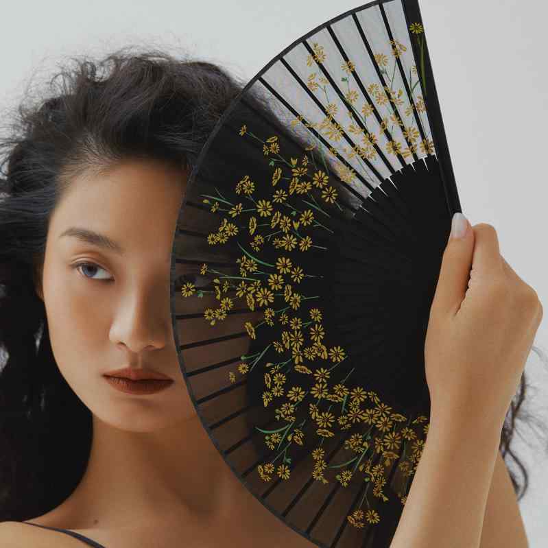 扇子 竹 おしゃれ ファッション 小物 ハイエンド プレゼント レディース チャイナ風 フラワー デイリー シースルー ブラック エレガント ファン アクセサリー