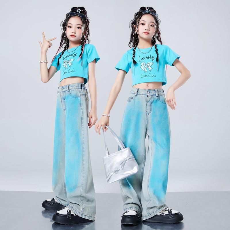 子供服 セットアップ 女の子 ストリート ヒップホップ ダンス パフォーマンス イベント ステージ 衣装 カジュアル おしゃれ ブルーコーデ