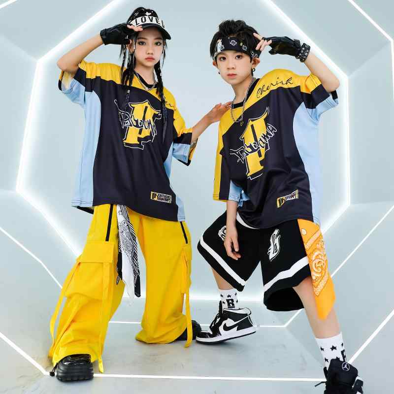 子供服 セットアップ ヒップホップ ストリート ダンス パフォーマンス 男の子 女の子 クール イベント ステージ 衣装 イエロー コーデ