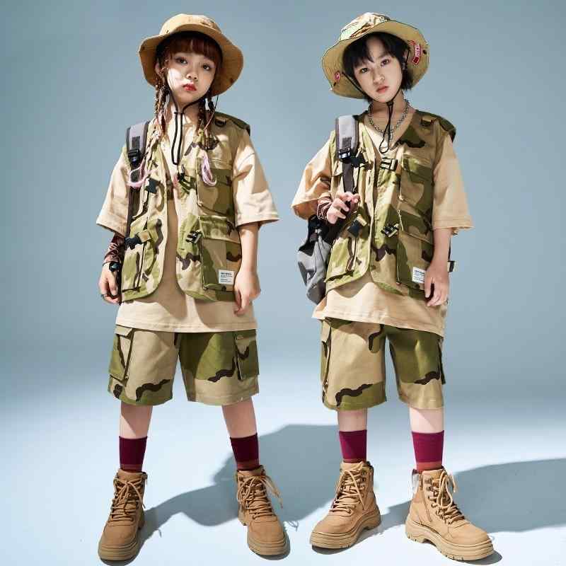 男の子 ヒップホップ キッズウェア クール 迷彩柄 ストリート ショーパン 子供服 小学生 遠足 ボーイスカウト パフォーマンス 男女兼用 ベスト 兄弟