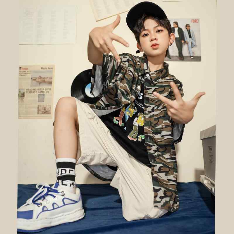 ストリート ダンス 子供用 キッズウェア ヒップホップ カジュアル かっこいい 男の子 迷彩柄 半袖 ショーパン パフォーマンス 男女兼用 ステージ衣装 セットアップ