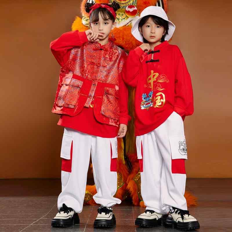 子供 ストリート ダンス チャイナ風 中華 中国 ヒップホップ 男の子 女の子 キッズウェア ベスト パフォーマンス クール セットアップ 動きやすい 華やか 明るい