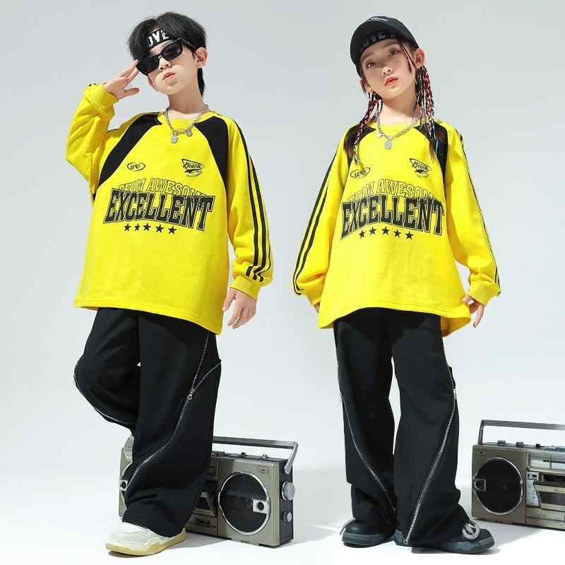 子供用 ヒップホップ 小学生 女の子 男の子 ダンス 衣装 パフォーマンス ビッグシルエット スウェットシャツ イエロー 黄色 セットアップ お揃い おソロコーデ 兄弟