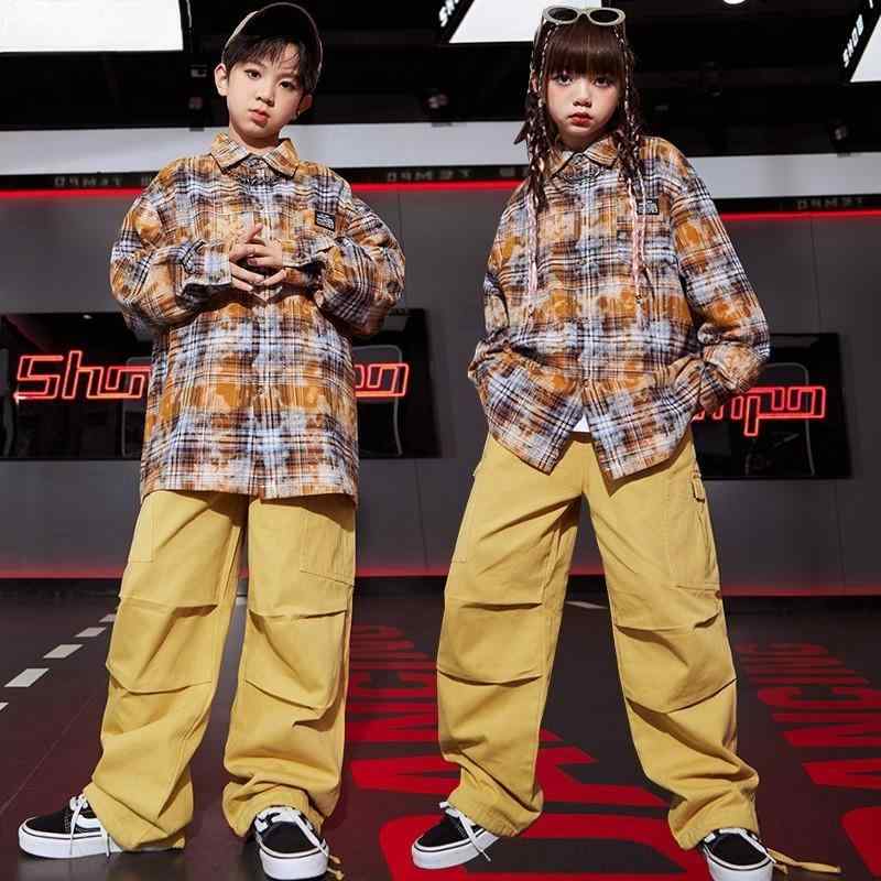 子供用 ヒップホップ キッズウェア ダンサー チェック柄 黄色 イエロー 男の子 女の子 パフォーマンス おソロコーデ お揃い ストリート かわいい ステージ衣装