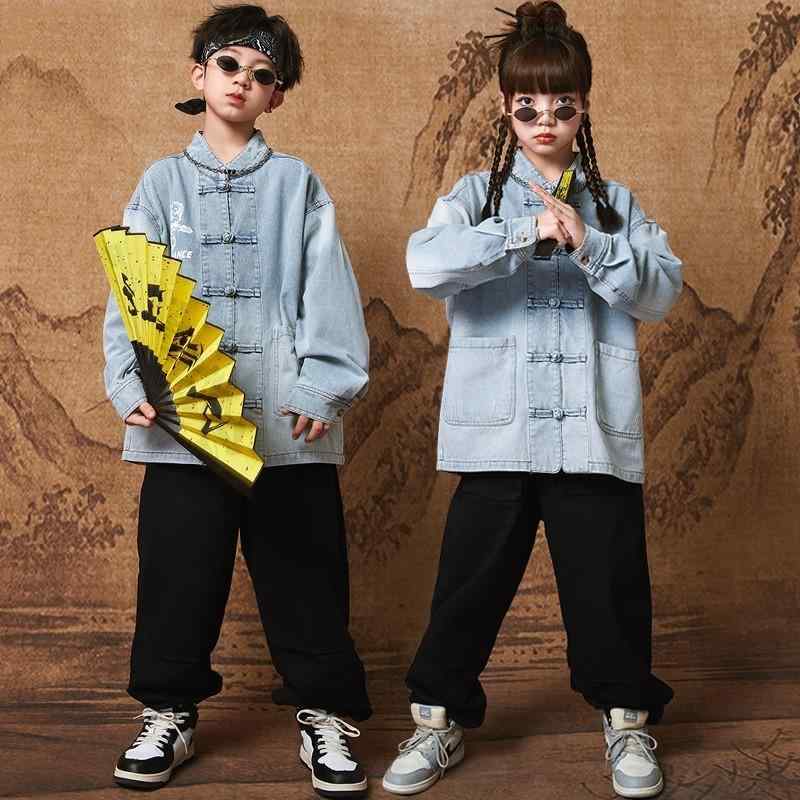 チャイナ風 ヒップホップ 子供服 セットアップ 男の子 女の子 デニムジャケット 中華風 パフォーマンス ダンス ダンサー 伝統 民族風 小学生 衣装