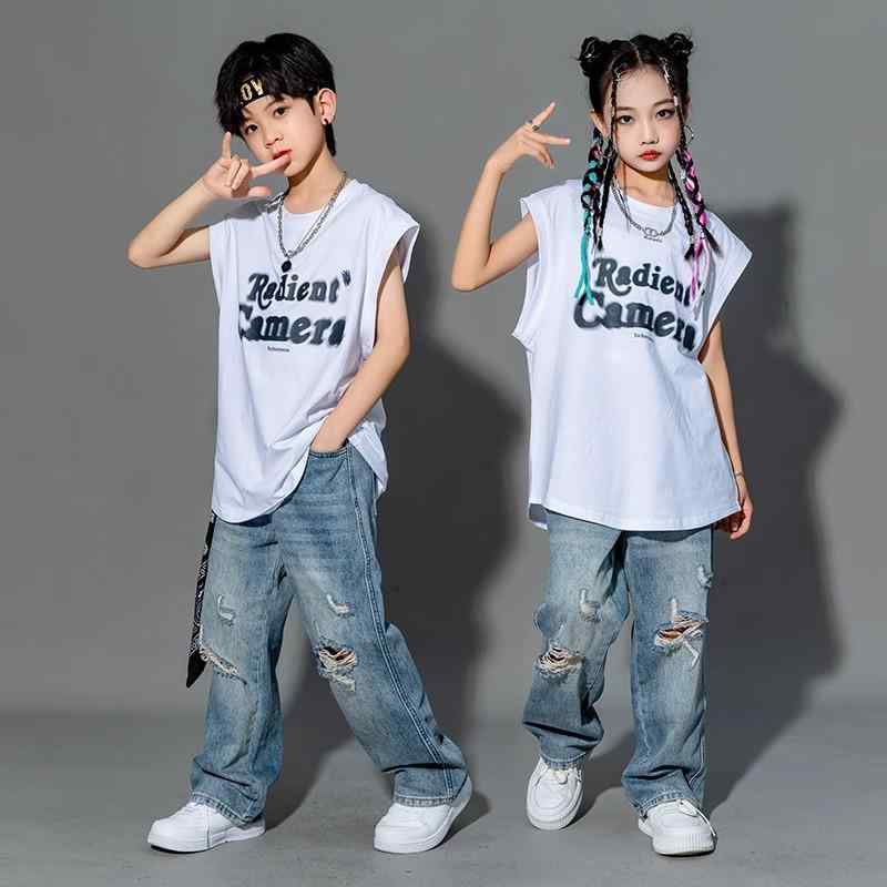 子供 ヒップホップ 夏 ボーイズ ガールズ ティーンエイジャー ファッション ストリート スーツ ノースリーブ パンツ デニム パフォーマンス カジュアル セットアップ アクティブ