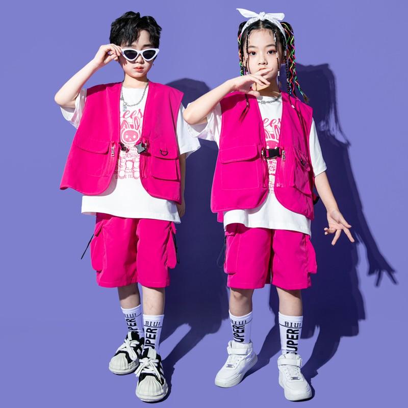 ストリート ダンス キッズウェア 子供用 男女兼用 ヒップホップ ベスト セットアップ ピンク 華やか パフォーマンス 夏 女の子 双子コーデ お揃い メンバー