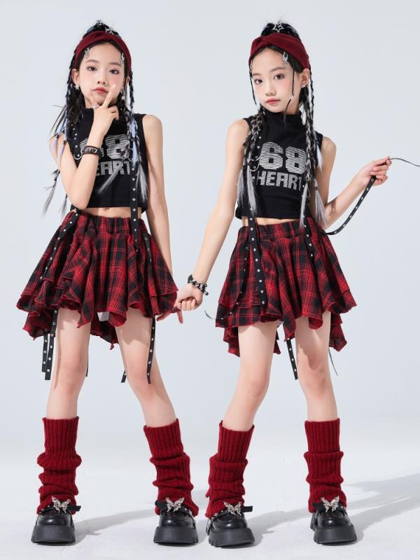 子供用 キッズウェア 服 ガール 女の子 ストリート ファッション ダンス パフォーマンス 衣装 イベント ステージ チェック柄 スカート セットアップ かわいい へそ出し