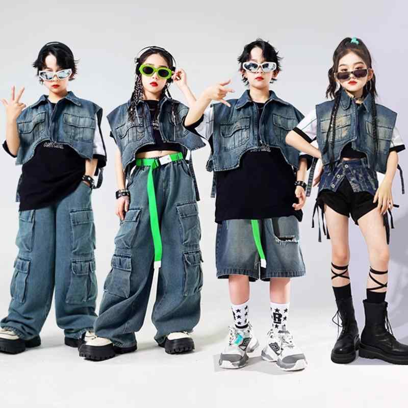 子供服 キッズ ダンサー デニム セット トータルコーデ ヒップホップ ストリート パフォーマンス ダンス 男の子 女の子 ステージ 衣装 おしゃれ 映え かっこいい