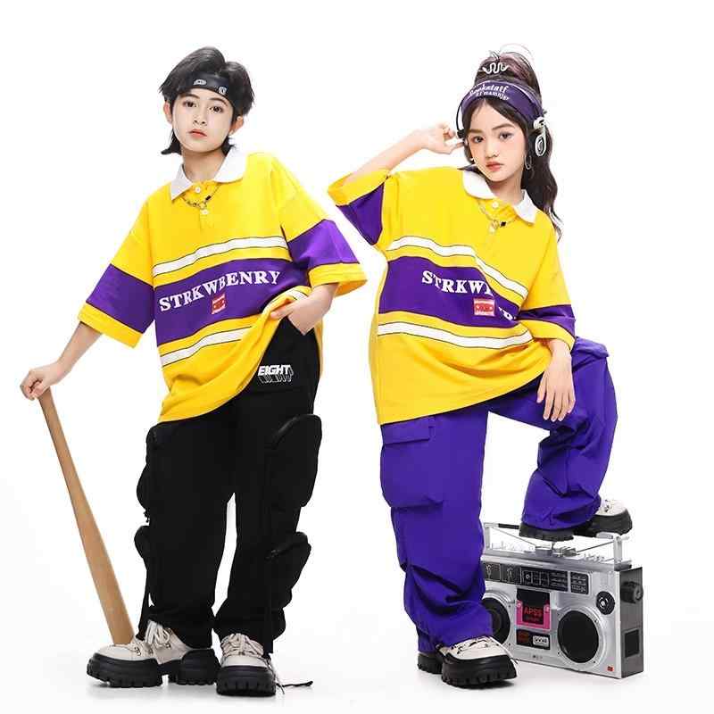 キッズ 子供服 ダンス 練習着 黄色 紫 スポーティー スポカジ ストリート ヒップホップ ジャズ パフォーマンス 男女 ドラム 夏 ゆったり オーバーサイズ