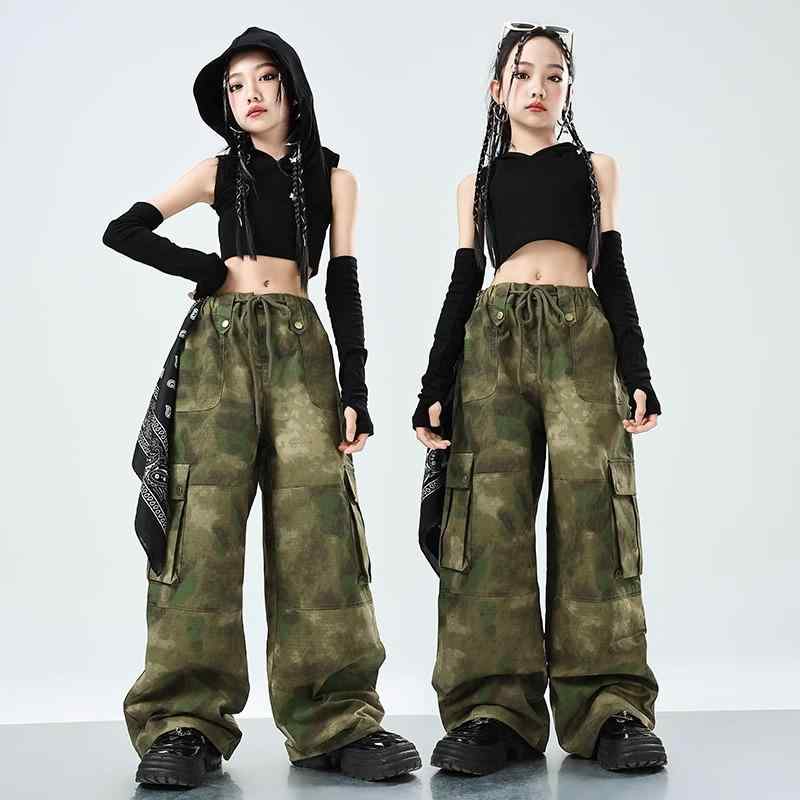 子供服 パフォーマンス 服 クール 女の子 ウェイストランドスタイル フード付き ストリート ベスト 迷彩 パンツ ジャズ ダンス セット