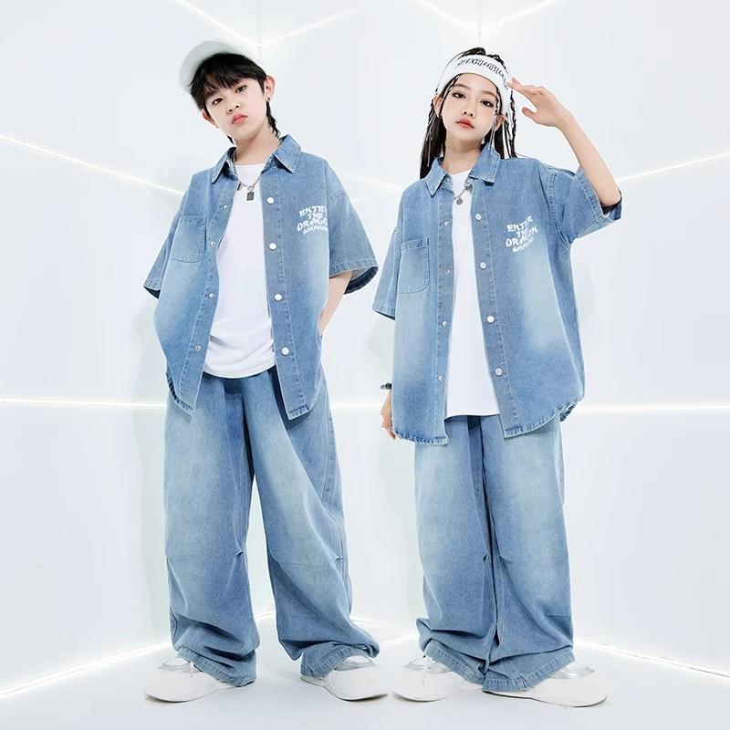 ストリート ダンス 子供用 服 パフォーマンス 男の子 デニム セット ヒップホップ 女の子 カジュアル ジャズ 夏