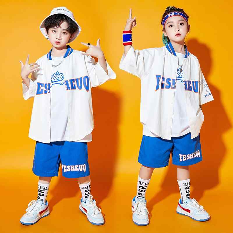 キッズ 子供服 ダンサー 衣装 練習着 青 ブルー スポーティー 野球 ストリート ジャズ ヒップホップ ダンス 男女 パフォーマンス 夏 かっこいい おしゃれ コーデ