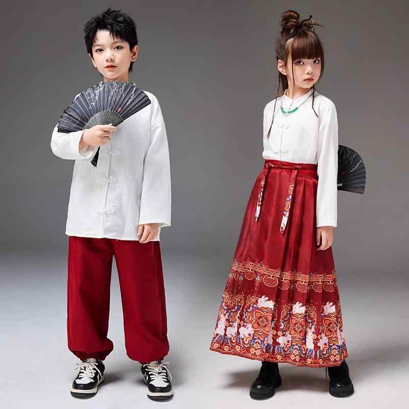 子供 チャイナ風 衣装 パフォーマンス 男の子 女の子 スカート レトロ 舞踊 コーラス イベント 漢服 華やか かわいい
