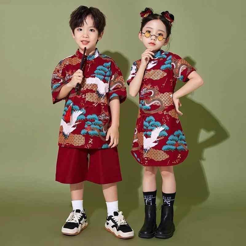 チャイナ風 子供 合唱団 パフォーマンス 衣装 男女兼用 鶴柄 セット ワンピース トップス パンツ 兄妹 お揃い服