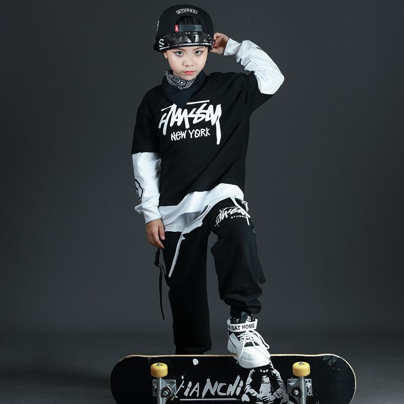 子供服 キッズ ダンスウェア ストリート ボーイズ ヒップホップ ドラム パフォーマンス スポーティー カジュアル ブラック 黒 アクティブ