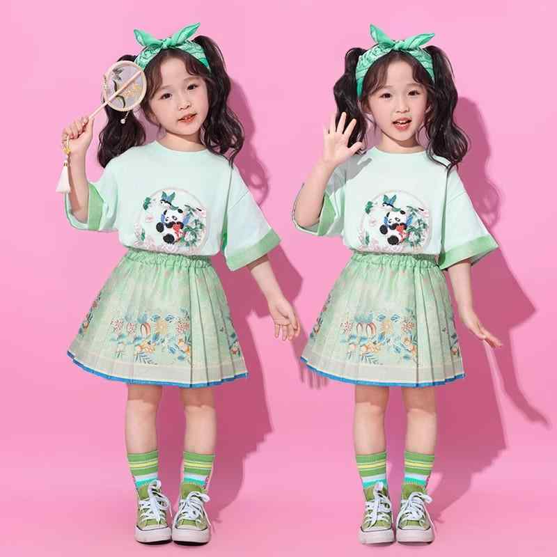 子供服 パンダ モチーフ パフォーマンス 衣装 幼稚園 チアリーダー ダンス コスチューム チャイナ風 スカート 女の子 男の子 漢服